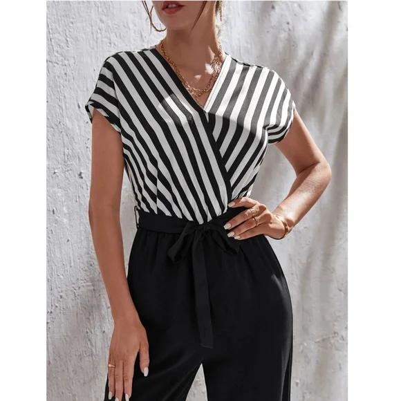 Striped Top V-Neck Surplice Short Sleeve White Black Wide Leg Jumpsuit - Picture 9 of 14